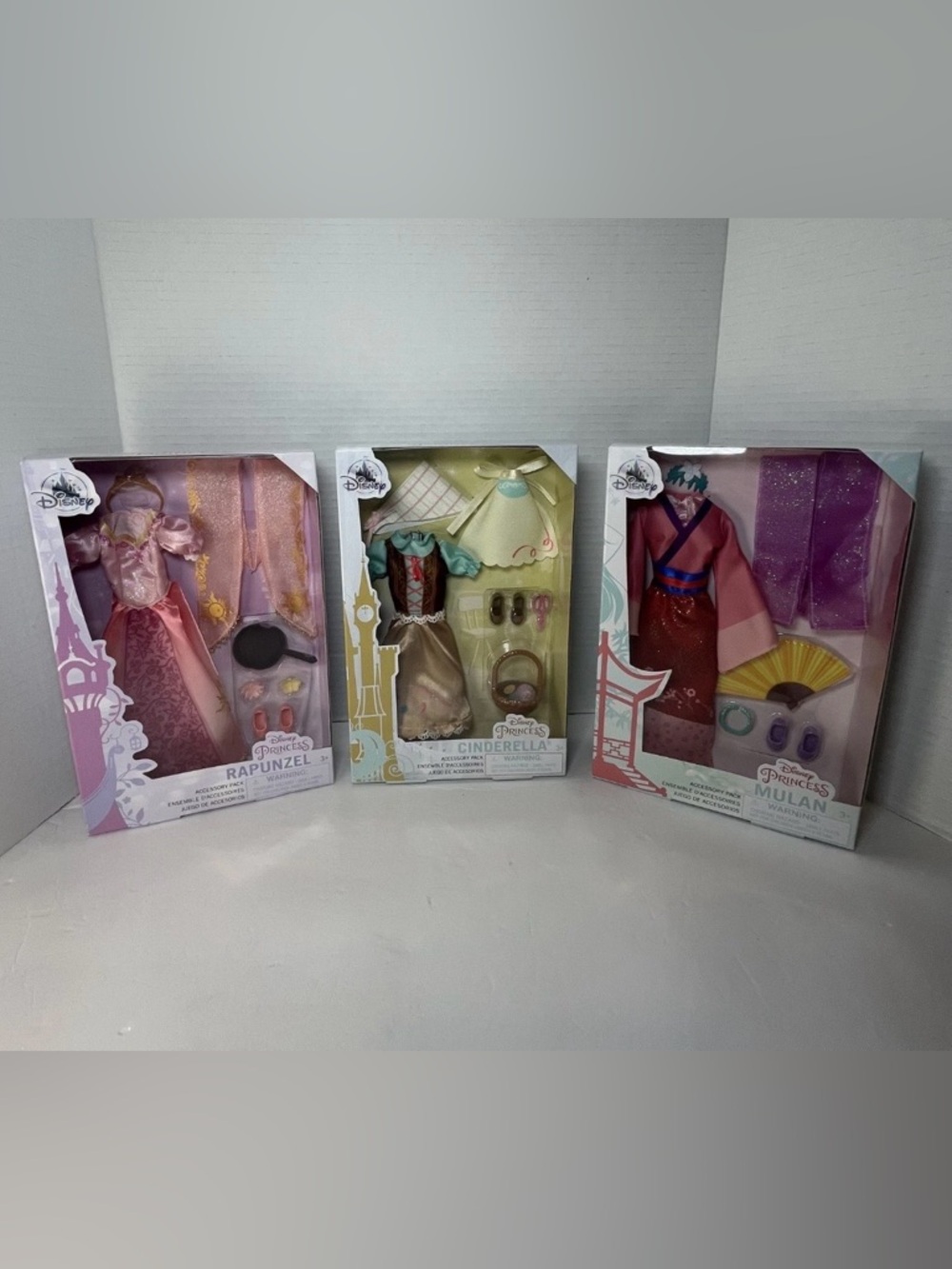 Disney Store Doll Accessory Pack Outfit Set Rapunzel, Cinderella, Mulan lot of 3